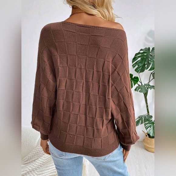 New Textured Basket Weave Knit Dolman Sleeve Sweater Top Brown - Picture 5 of 8
